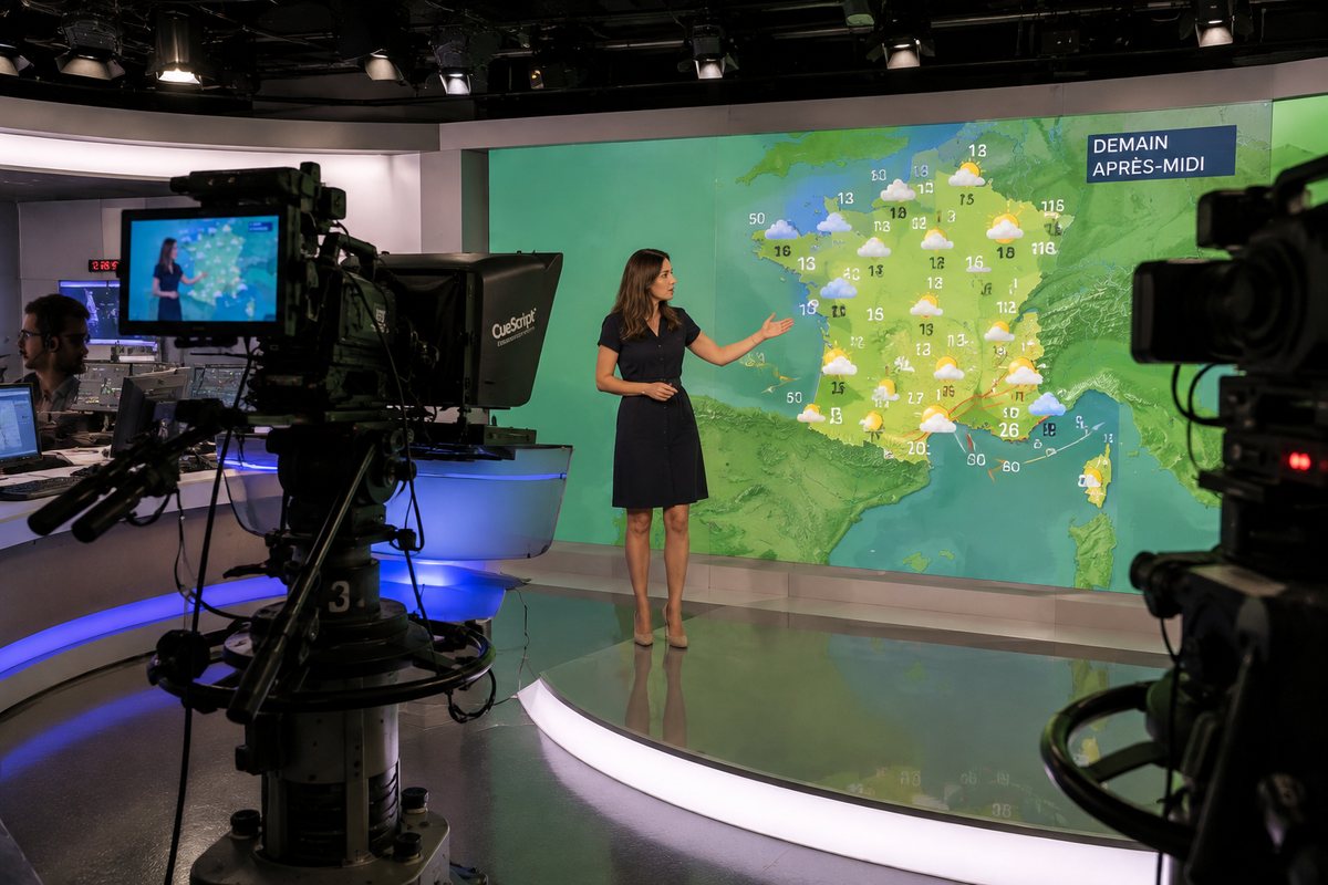 Présentatrice météo sur un plateau de télévision devant une carte de France