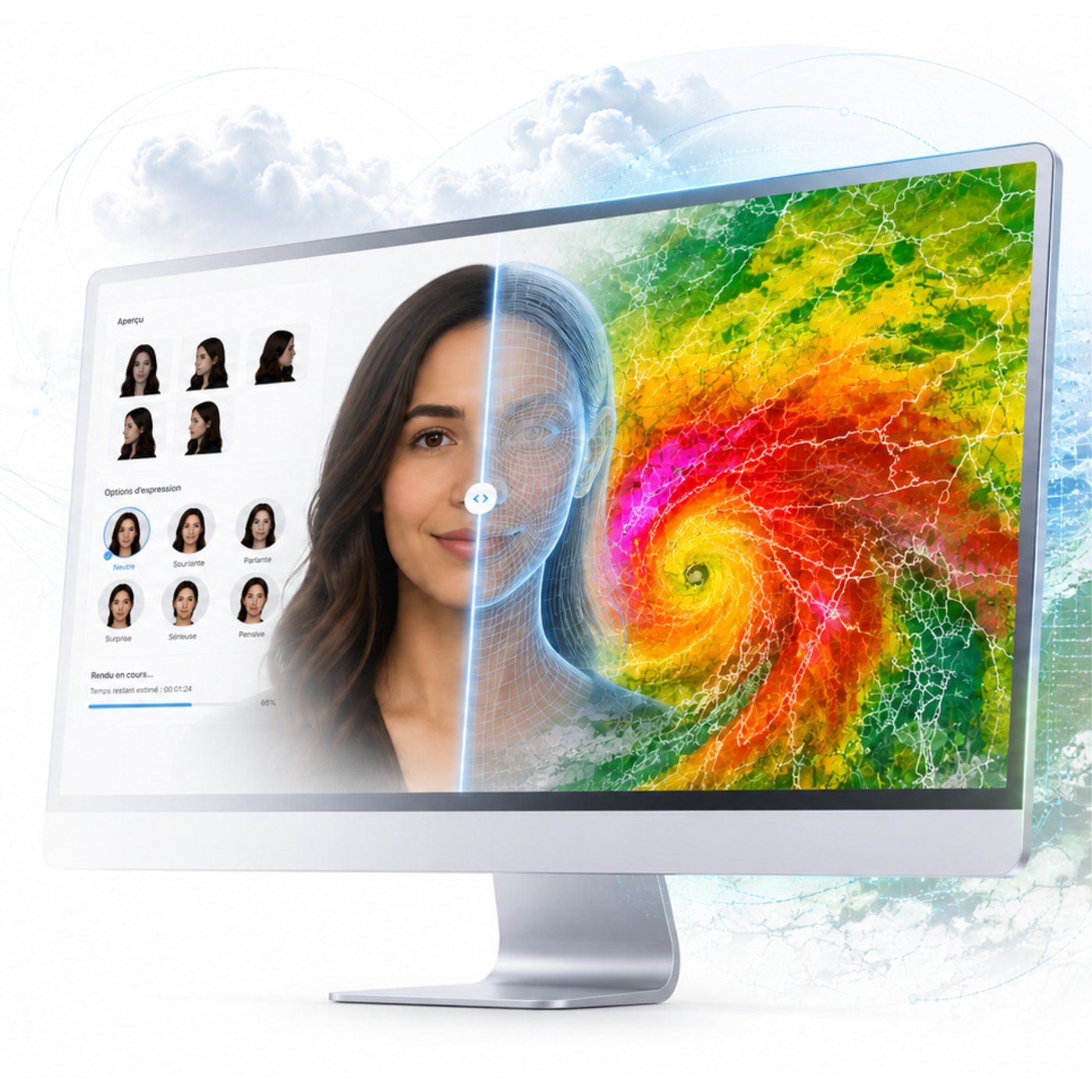 Écran de composition d'un présentateur généré par Nimbus, face à une carte de modèle météo